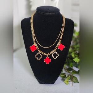 Gold and Red Quatrefoil Clover Flower Double Strand Gold Chain Necklace New